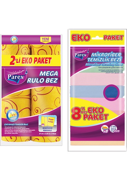 Mega Rulo 2'li Temizlik Bezi ve 8'li Mikrofiber Temizlik Bezi Paketi