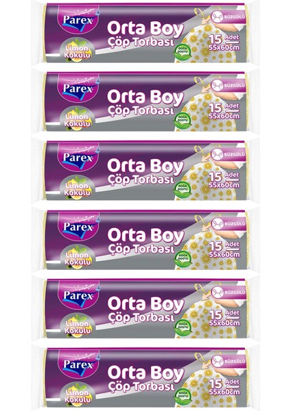 Premium Büzgülü Çöp Torbası Limon Kokulu 15'li Orta Boy 55 x 60 cm Altılı Paket