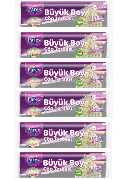 Premium 10'lu Büzgülü Çöp Torbası Limon Kokulu Büyük Boy 65 x 70 cm Altılı Paket