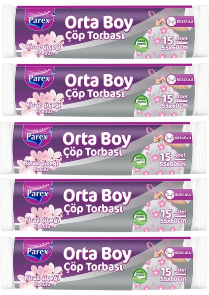 Büzgülü Çöp Torbası Kiraz Çiçeği Kokulu 15'li Orta Boy 55 x 60 cm Beşli Paket