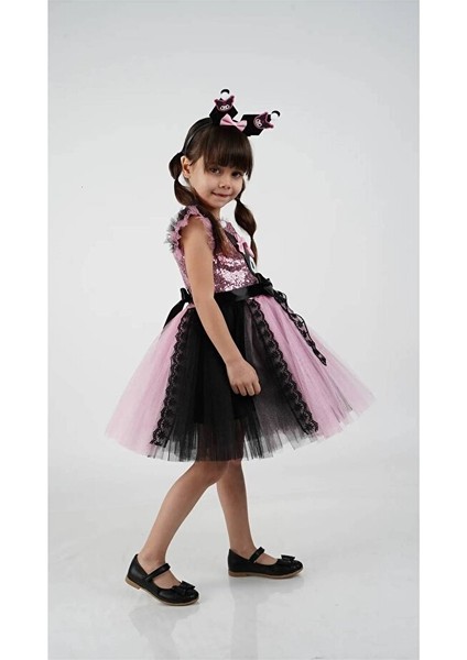 Kuromi Taç Aksesuarlı Pullu Baskılı Kız Elbise 3/10 Yaş