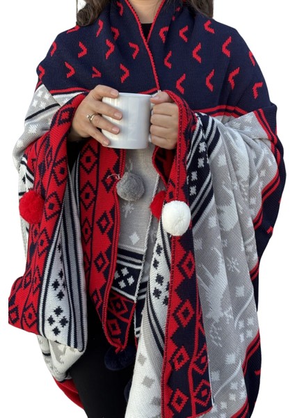 Geyikli Ponponlu Triko Örme Tv Battaniyesi–Yılbaşı Hediyesi-130x170 cm-Lacivert indirimleri