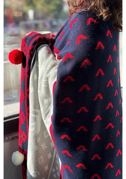 Geyikli Ponponlu Triko Örme Tv Battaniyesi–Yılbaşı Hediyesi-130x170 cm-Lacivert