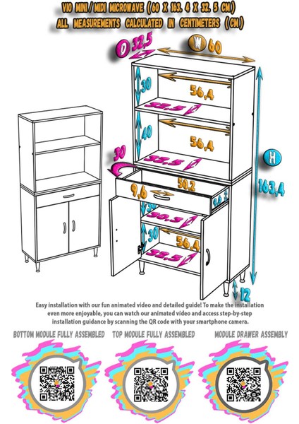 Vio Fırın Dolabı (60X163,4X32.5 Cm) Çekmeceli Kapaklı Mini/midi Mikrodalga Mutfak Dolabı