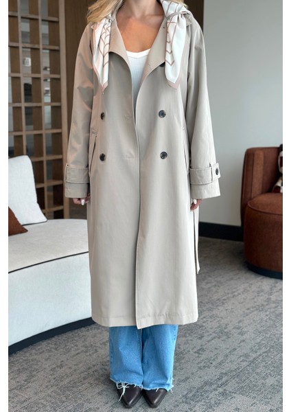 Haki Fularlı Uzun Trençkot - 7535