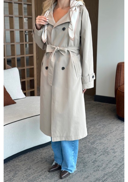 Haki Fularlı Uzun Trençkot - 7535