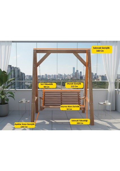 Doğal Çam Ağacından İmal – İki Kişilik Ahşap Salıncak (160X200x48x55 Cm)