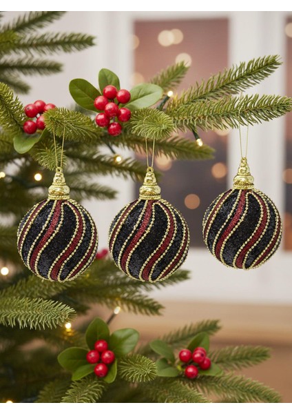 Yılbaşı Topu Altın Şeritli Payetli Siyah-Bordo Çam Ağacı Süsü 8 cm 3'lü