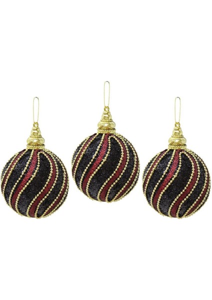 Yılbaşı Topu Altın Şeritli Payetli Siyah-Bordo Çam Ağacı Süsü 8 cm 3'lü fiyatları