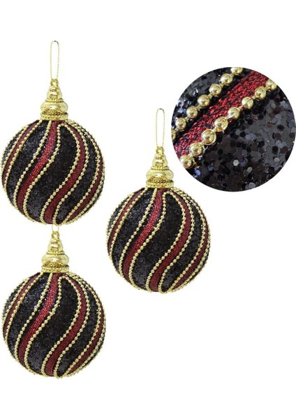 Yılbaşı Topu Altın Şeritli Payetli Siyah-Bordo Çam Ağacı Süsü 8 cm 3'lü modelleri