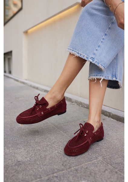 Yuri Kadın Bordo Suet Bagcıklı Zımba Detay Loafer Ayakkabi