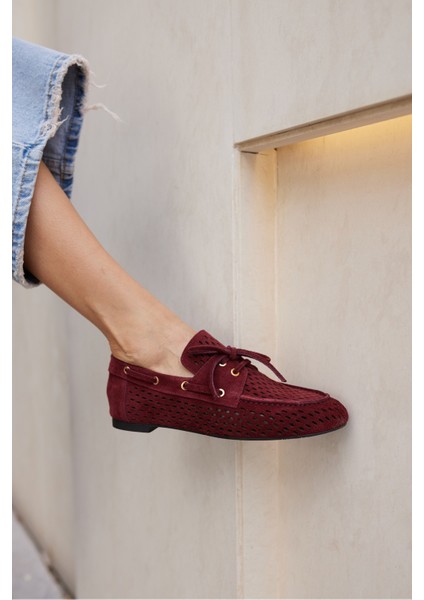 Yuri Kadın Bordo Suet Bagcıklı Zımba Detay Loafer Ayakkabi modelleri