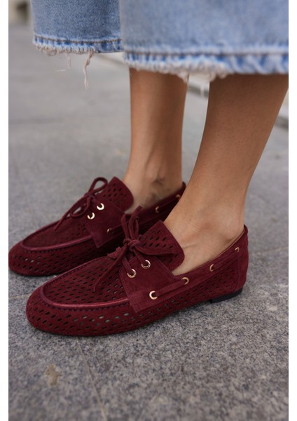 Yuri Kadın Bordo Suet Bagcıklı Zımba Detay Loafer Ayakkabi