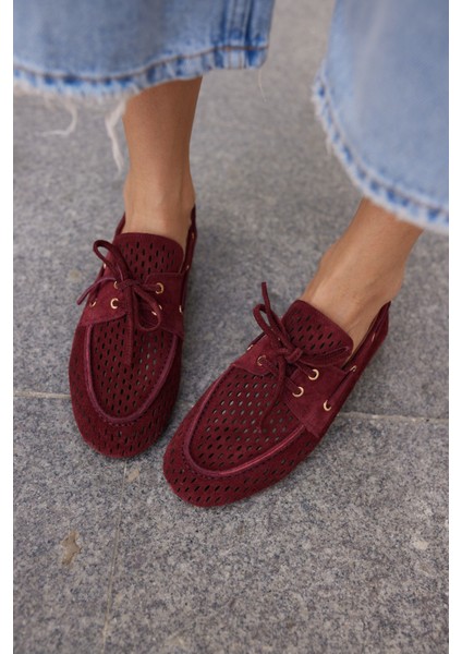 Yuri Kadın Bordo Suet Bagcıklı Zımba Detay Loafer Ayakkabi