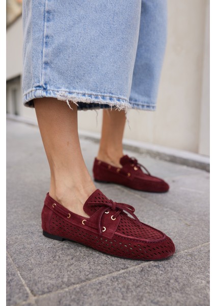 Yuri Kadın Bordo Suet Bagcıklı Zımba Detay Loafer Ayakkabi