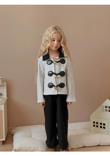 Gri Tokalı Triko Ceket ve Siyah Ribana Pantolon Kız Çocuk Takımı 6008 modelleri