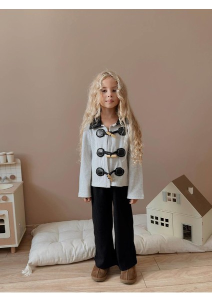 Gri Tokalı Triko Ceket ve Siyah Ribana Pantolon Kız Çocuk Takımı 6008 fırsatları