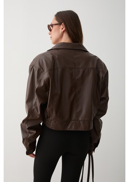 Kahverengi Kısa Deri Ceket - 1710