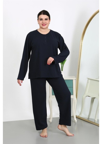 Kadın Büyük Beden Uzun Kol Penye Pijama Takımı Lacivert