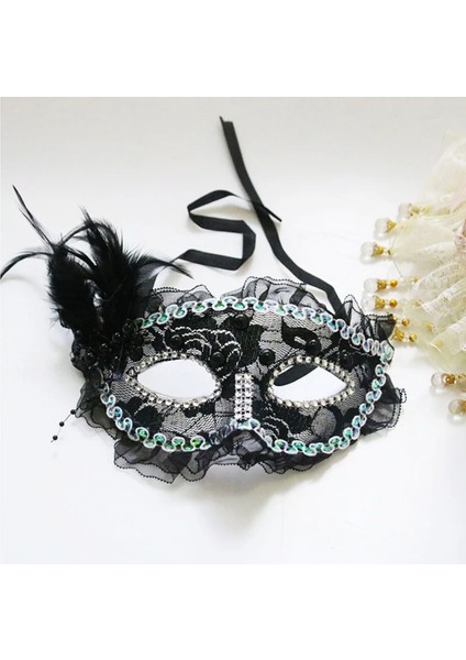 Siyah Renk Yandan Tüylü İnci İşlemeli Taşlı Dantelli Parti Maskesi 17x12 cm fiyatları