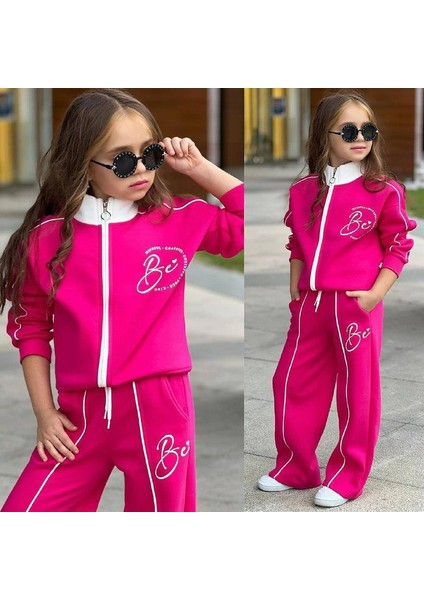 Kız Çocuk Şardonlu Fuşya Eşofman Takımı – Fermuarlı Spor Tarz 43122