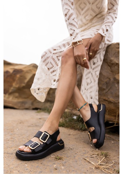 Rotem Kadın Siyah Cıft Tokali Gercek Deri Eva Sandalet