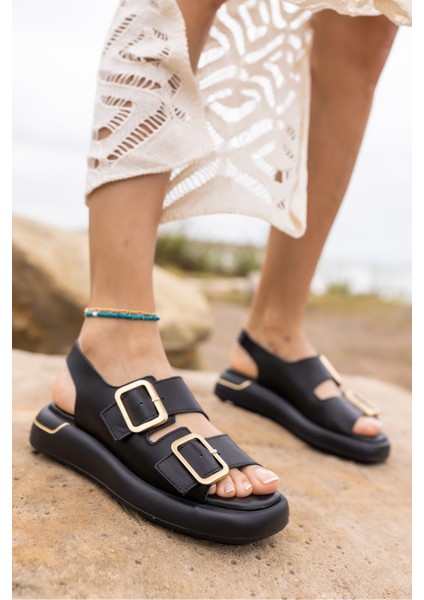 Rotem Kadın Siyah Cıft Tokali Gercek Deri Eva Sandalet modelleri