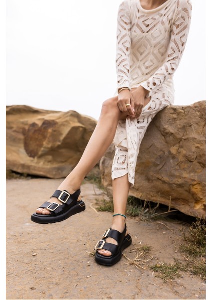 Rotem Kadın Siyah Cıft Tokali Gercek Deri Eva Sandalet