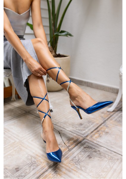 Tavares Kadın Mavi Baglamali Taş Detay Topuklu Ayakkabi