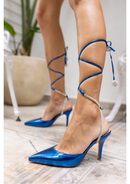 Tavares Kadın Mavi Baglamali Taş Detay Topuklu Ayakkabi