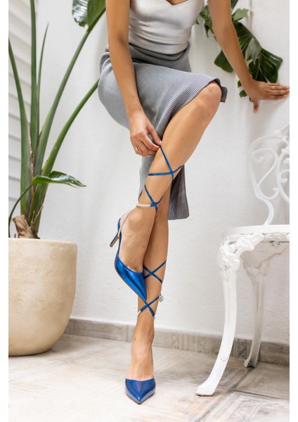 Tavares Kadın Mavi Baglamali Taş Detay Topuklu Ayakkabi