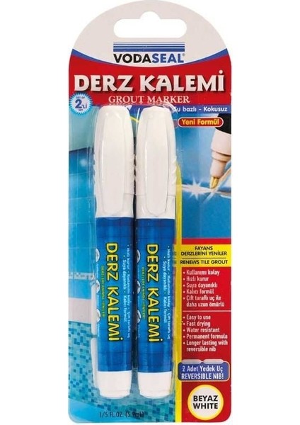 Vodaseal Çift Uçlu Su Bazlı Kokusuz Kalıcı Derz Kalemi Beyaz 2 Adet