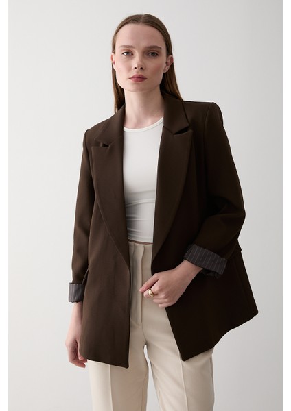 Kahverengi Çizgili Astarlı Kolu Katlamalı Blazer Ceket - 7560