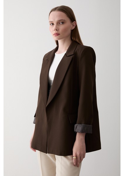 Kahverengi Çizgili Astarlı Kolu Katlamalı Blazer Ceket - 7560