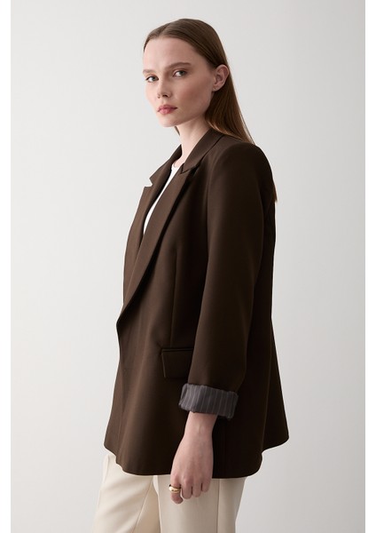 Kahverengi Çizgili Astarlı Kolu Katlamalı Blazer Ceket - 7560