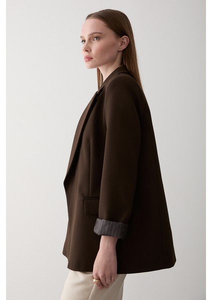 Kahverengi Çizgili Astarlı Kolu Katlamalı Blazer Ceket - 7560