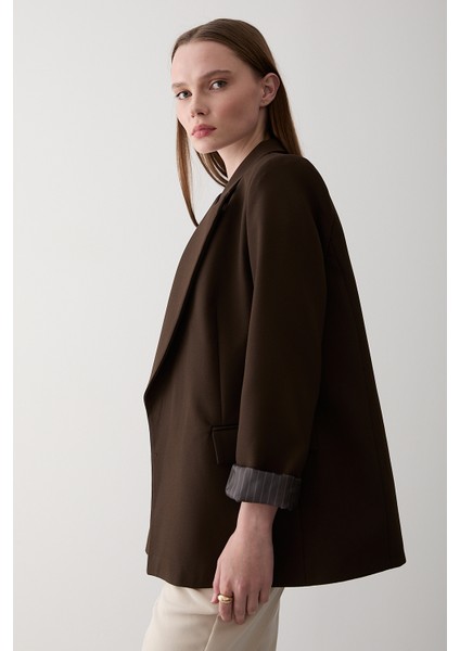 Kahverengi Çizgili Astarlı Kolu Katlamalı Blazer Ceket - 7560