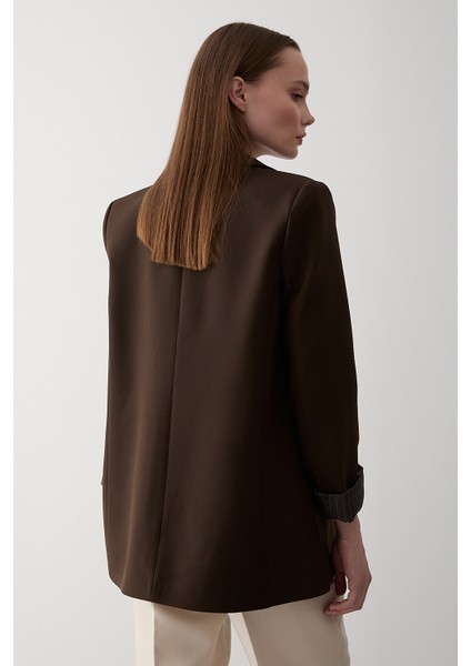Kahverengi Çizgili Astarlı Kolu Katlamalı Blazer Ceket - 7560