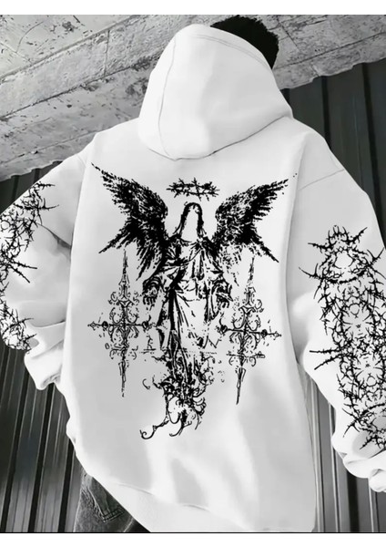Büyük Beden Özel Tasarım Kapüşonlu Gothıc Dikenler Sırt Baskılı Hip Hop Erkek Sweatshırt