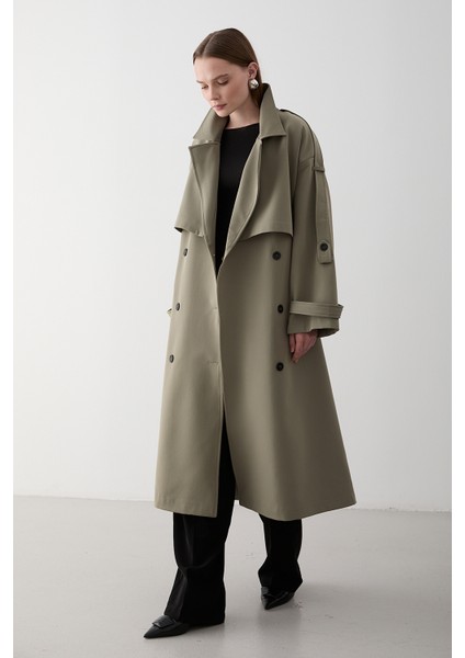 Haki Lucky Düğme Detaylı Oversize Trençkot