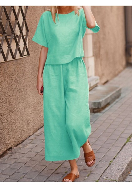 Günlük Rahat Beli Lastikli Kadın Su Yeşili Keten Ikili Takım Alt Üst