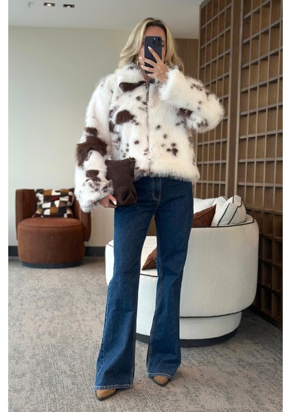 Ekru Kahverengi Desenli Fermuarlı Kürk - 85154