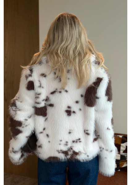 Ekru Kahverengi Desenli Fermuarlı Kürk - 85154