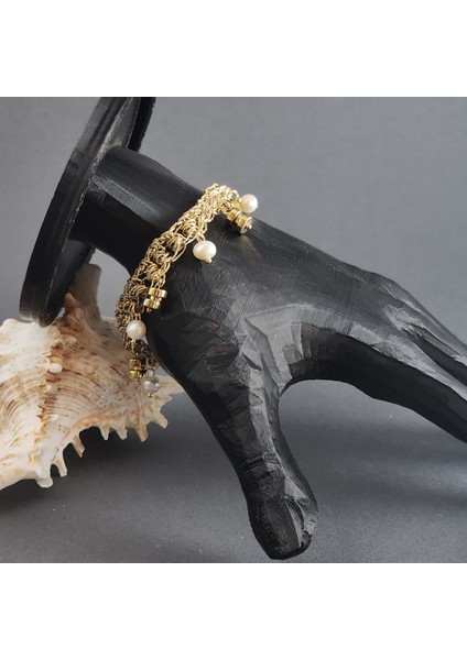 Eşsiz Tasarım Inci ve Hematit Detaylı Örme Bileklik