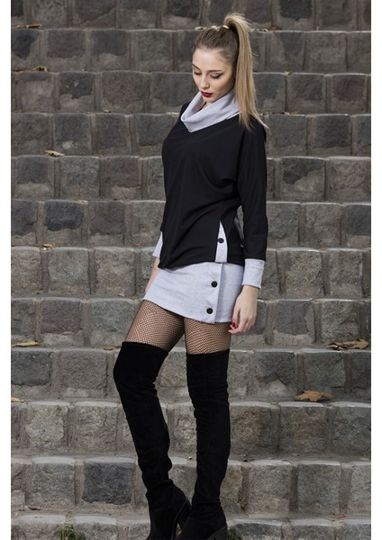 Kışlık Düğme Detaylı Boğazlı Şık Kadın Elbise