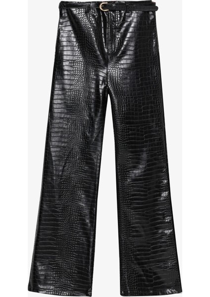 Kroko Desenli Bol Paça Deri Pantolon Siyah