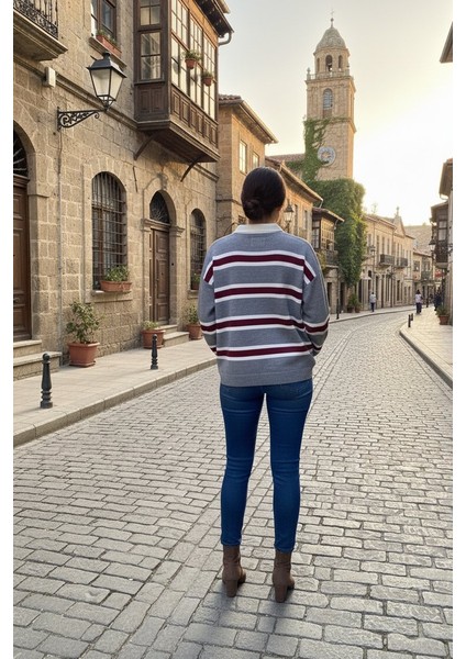 Polo Yaka Çizgili Önü Düğmeli Kazak