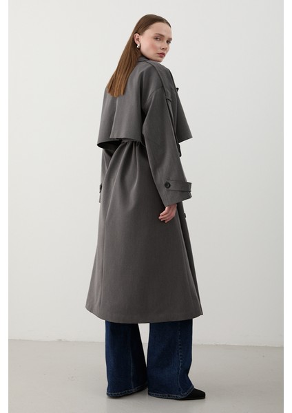 Antrasit Lucky Düğme Detaylı Oversize Trençkot