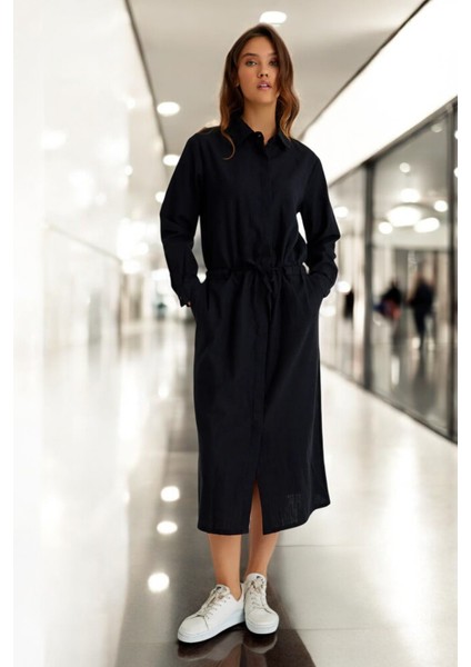 Günlük Beli Bağcıklı Rahat Keten Elbise