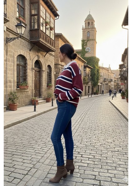 Polo Yaka Çizgili Önü Düğmeli Kazak